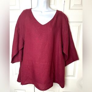 BRYN WALKER Judy Tunic Top Shirt Blouse 100% Linen Burgundy Kangaroo Pocket